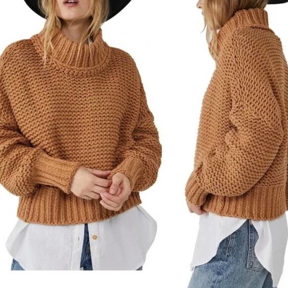 Free People My Only Sunshine Sweater Size M Camel Tan Oversize Chunky Mock Boho - Picture 5 of 14